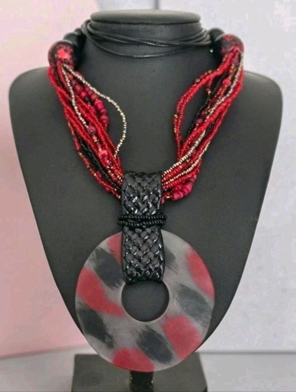 Alisha D Red Black Multistrand Beaded Statement Necklace Disc Pendant Adjustable
